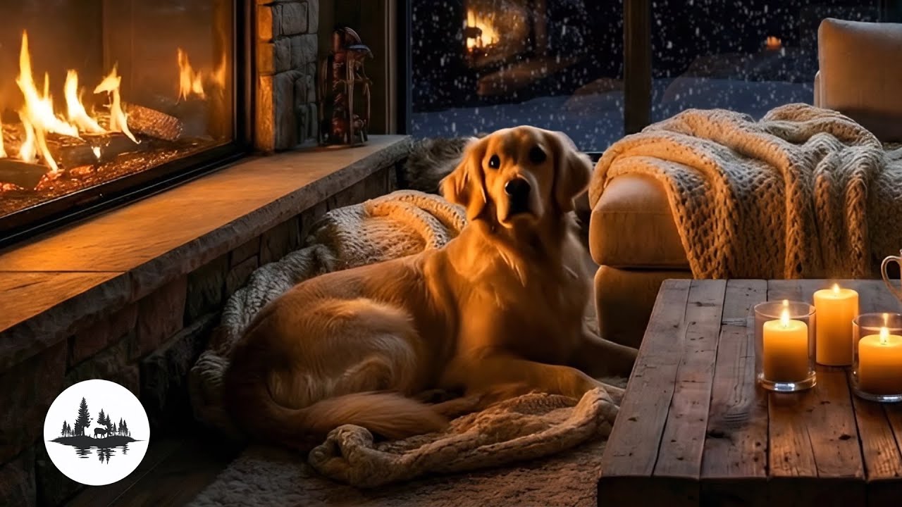 4K Cozy Cabin Ambience: Golden Retriever by the Fire, Soft Piano, Fire Sounds & Snowfall for Sleep