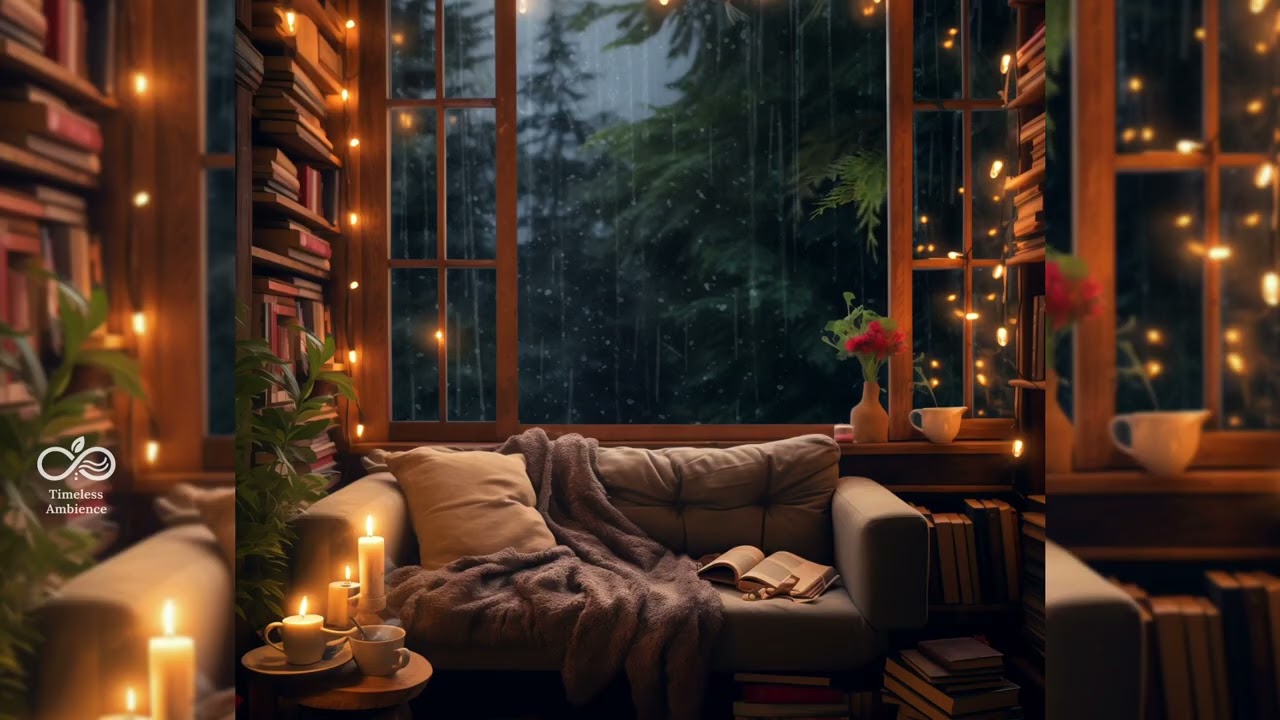 Rainy Cozy Library Night 🌙 Calm Before Sleep | Timeless Ambience