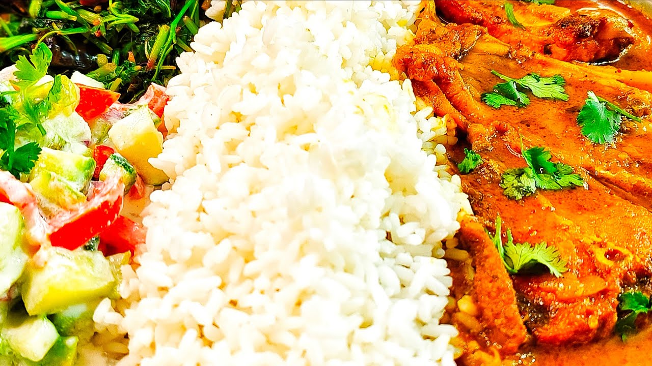 REAL MUKBANG | EATING HOMEMADE FISH THALI | SPICY FISH CURRY, RICE, SAAG AND SALAD