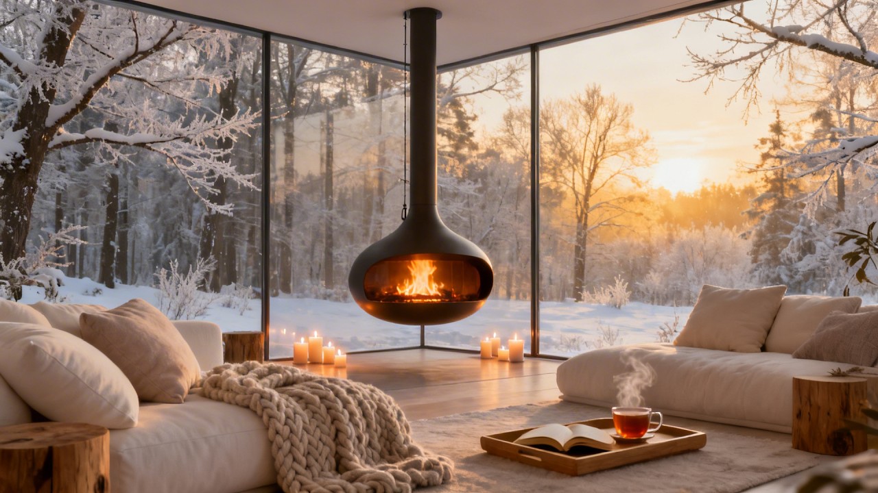 Tranquil Winter Cabin Living Room ❄️ Piano & Fireplace for Stress Relief