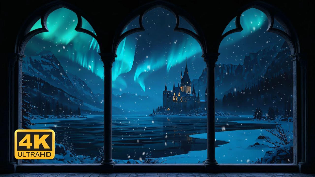Aurora Castle Window View &ndash; Snowy Fantasy Night Ambience 4K For Study and Relaxation
