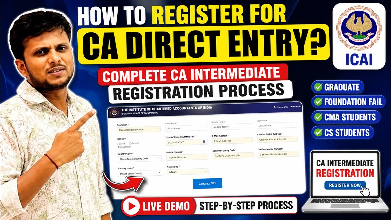 How to Register for CA Direct Entry? Complete CA Intermediate Registration Process | Step-by-Step