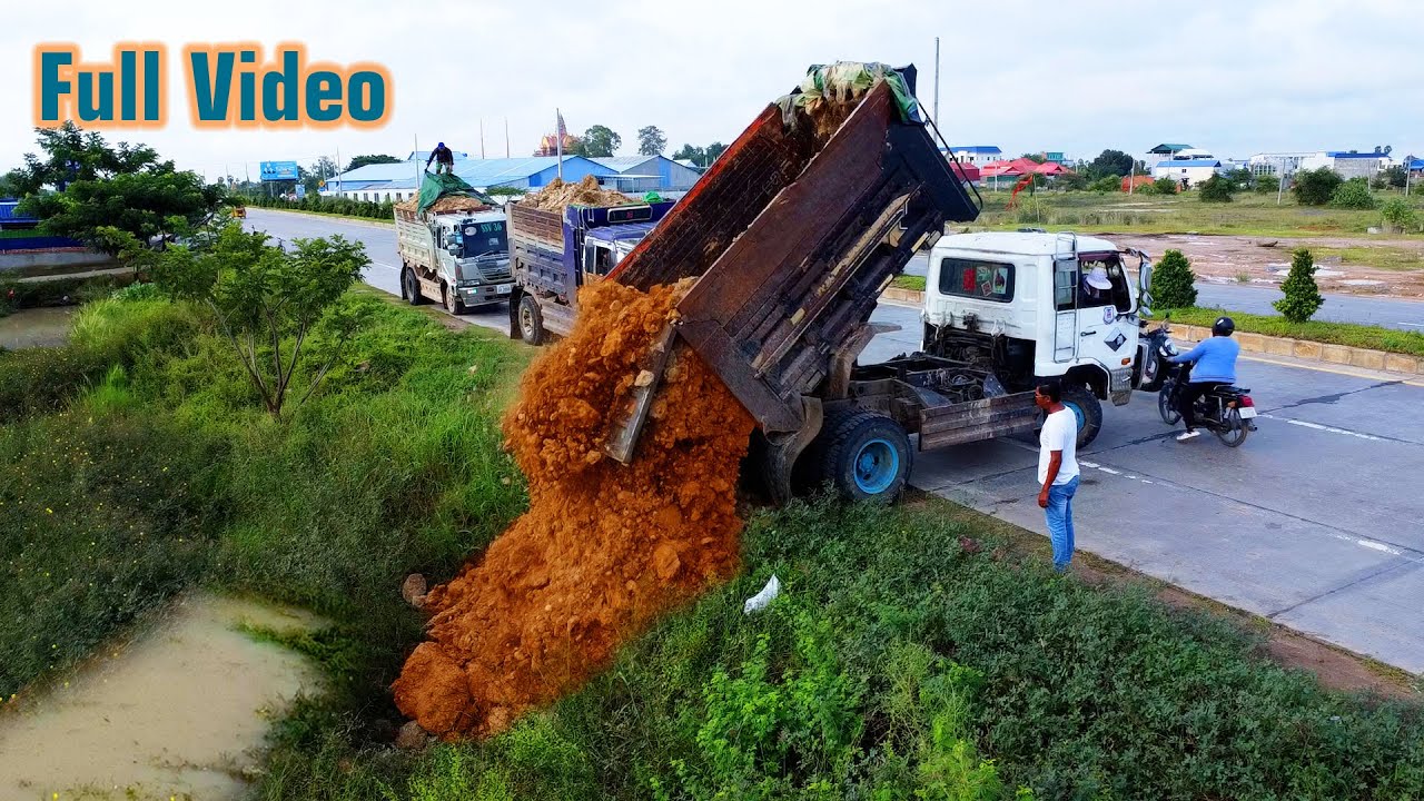 Full Video Completed Project !!! Dozer & Truck 5T pushing stone into flooded land