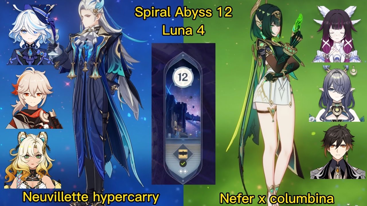 Spiral Abyss Genshin impact Luna 4 |C1 Neuvillette hypercarry & C0 Nefer x columbina 12 9 stars