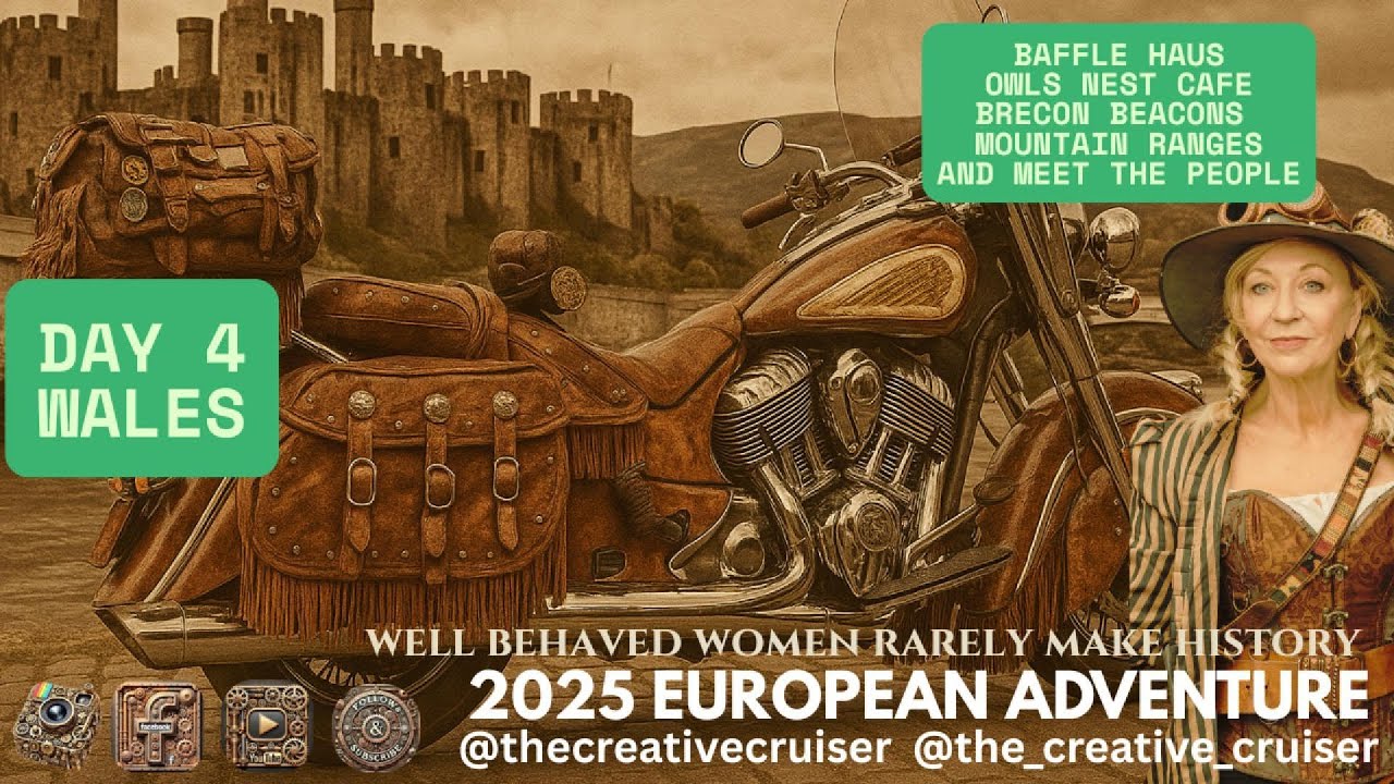 DAY 4- I RIDE MY INDIAN CHIEF THRU WALES-- ABERGAVENNY- RHAYADR - BAFFLE HAUS. OWLS NEST & MORE