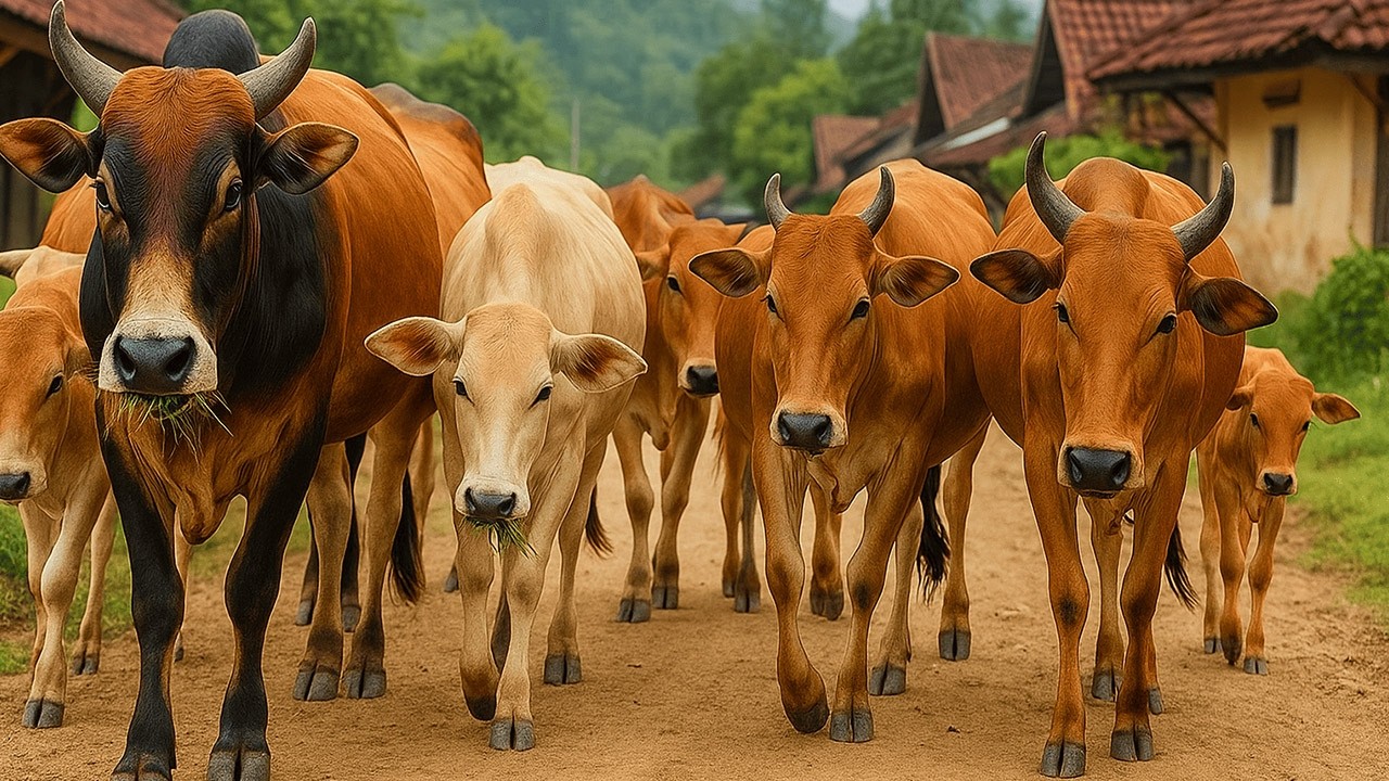 Puluhan sapi berjalan rapi menuju ladang rumput hijau, Suara Sapi Moo, Sapi lucu dan sehat di jalan
