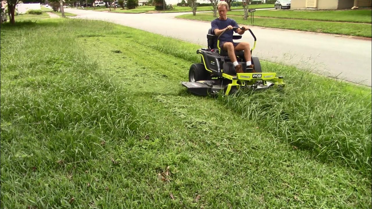 Mowing tall thick bahia grass with Ryobi electric zero turn mower