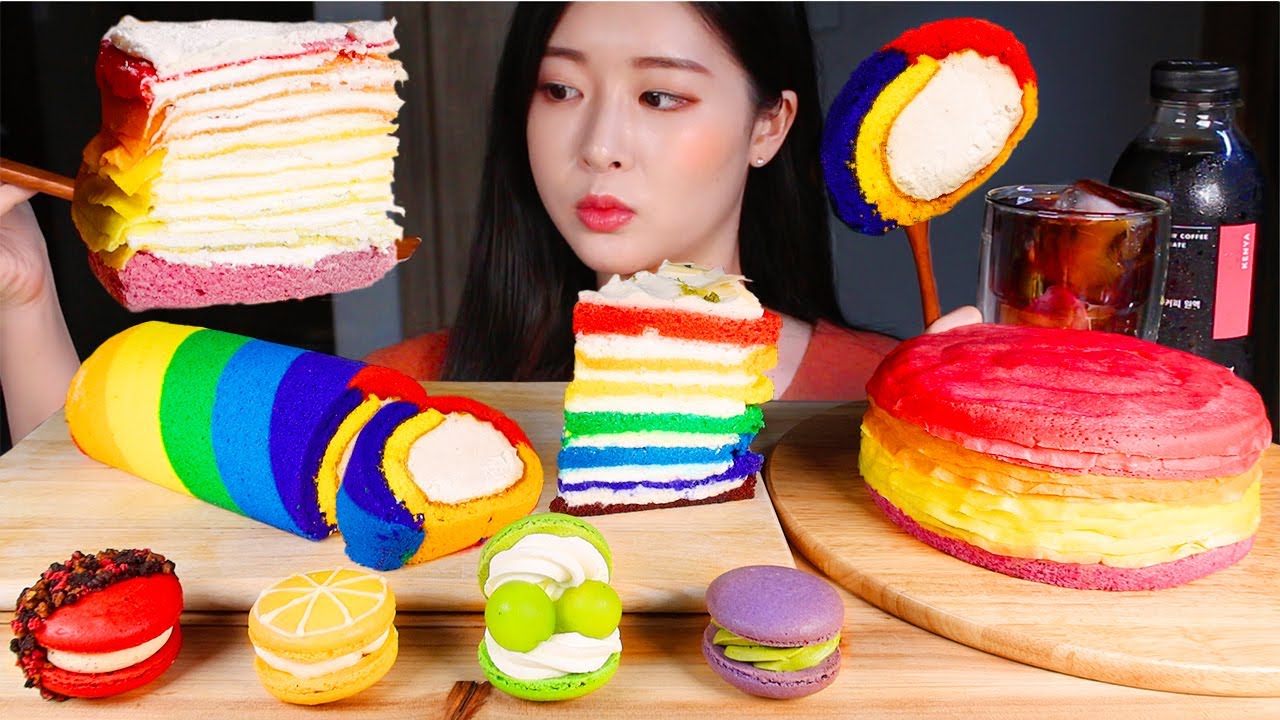 ASMR 🌈 RAINBOW DESSERT FEAST 💜 CAKES AND MACARONS! CRAPE CAKE, CHEESECAKE, ROLL CAKE MUKBANG