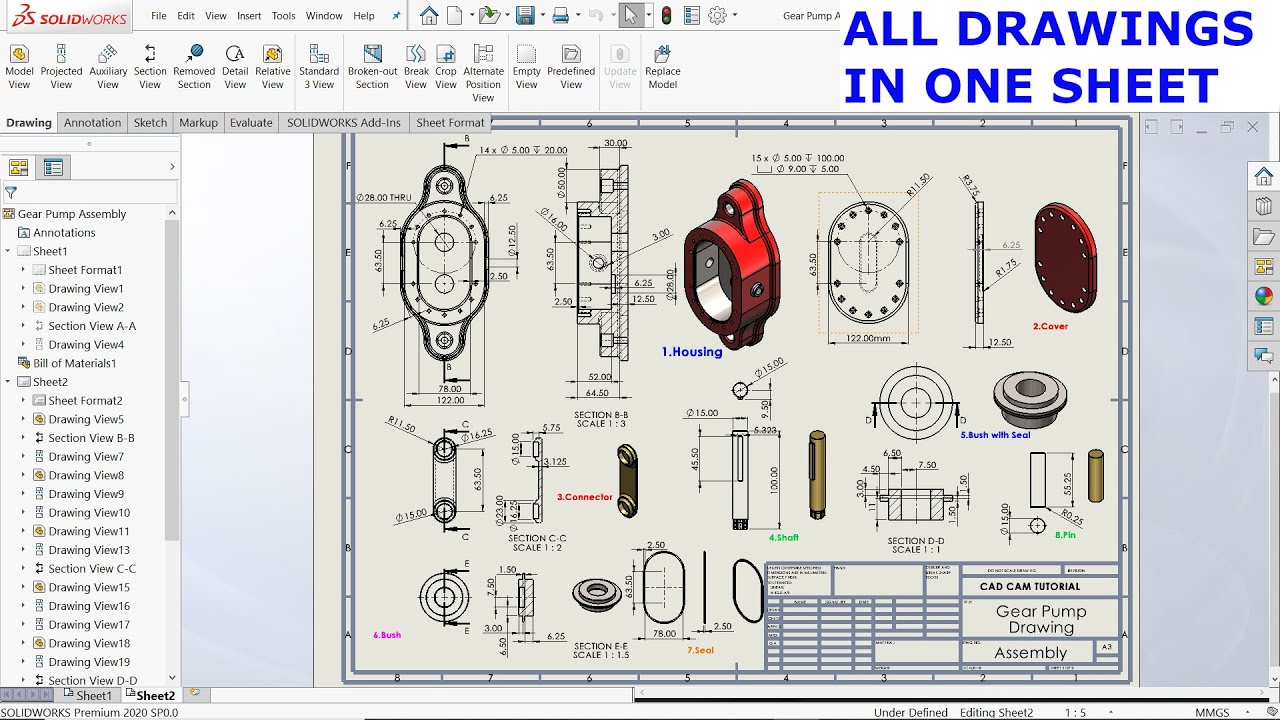 SolidWorks Drawing Tutorial Gear Pump (All drawings in one sheet)