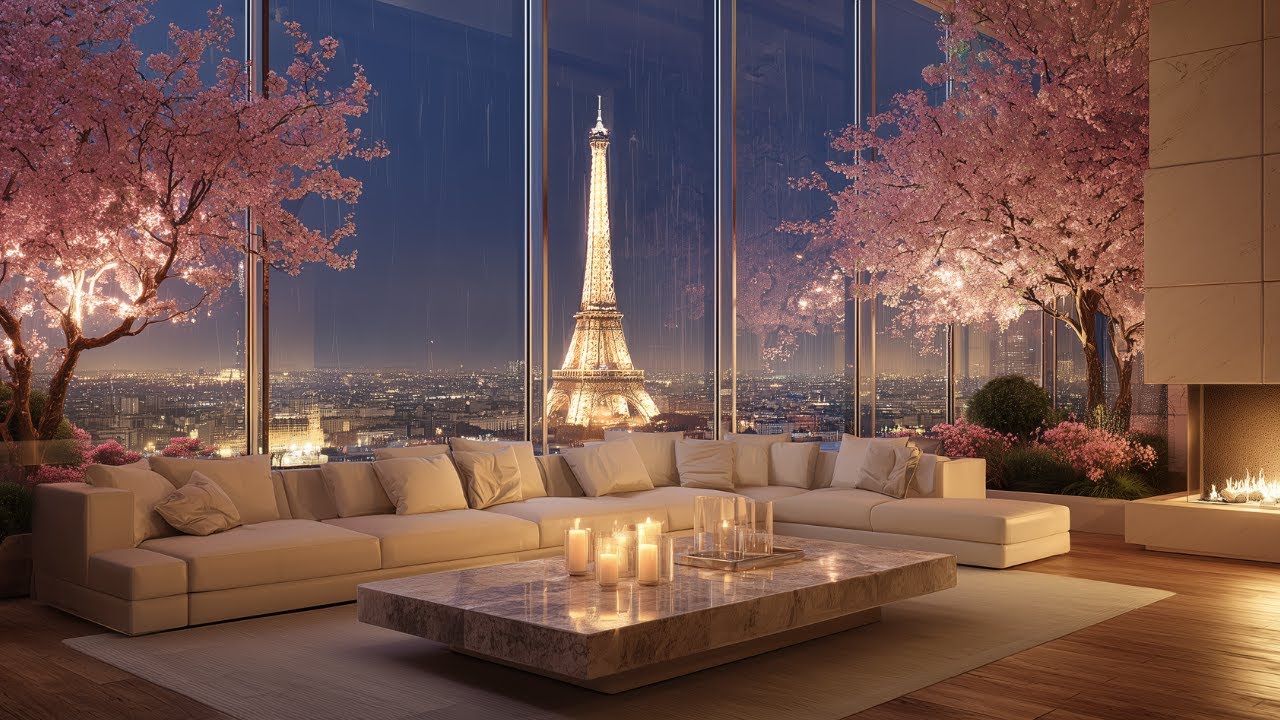 Rainy Spring Night in Paris 🌸 Luxury Apartment Ambience | Jazz Piano, Fireplace crackle for relax
