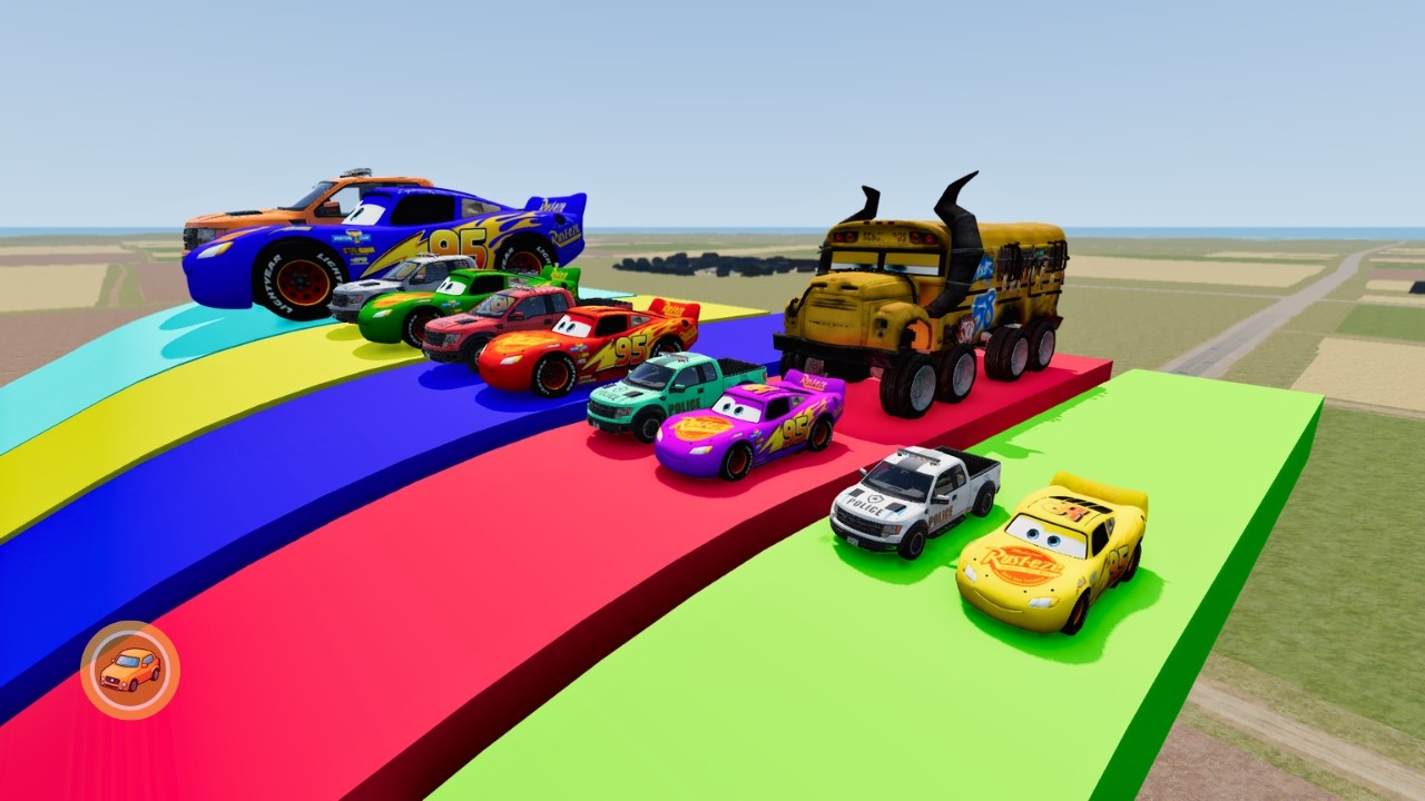 Big & Small McQueen & Police Truck vs Zombie School Bus, Ramp Lava Pit | Color Slide – BeamNG.drive