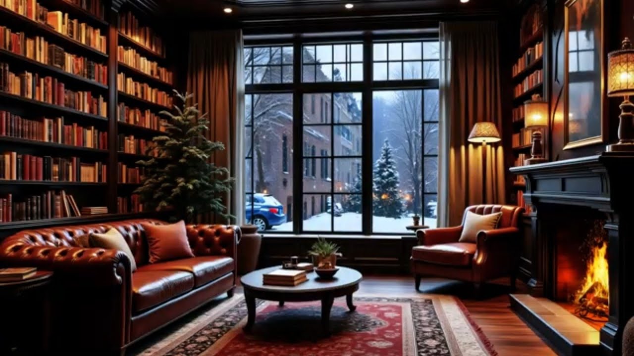 Elegant Winter Jazz Lounge | Warm Interior, Snowy Outside