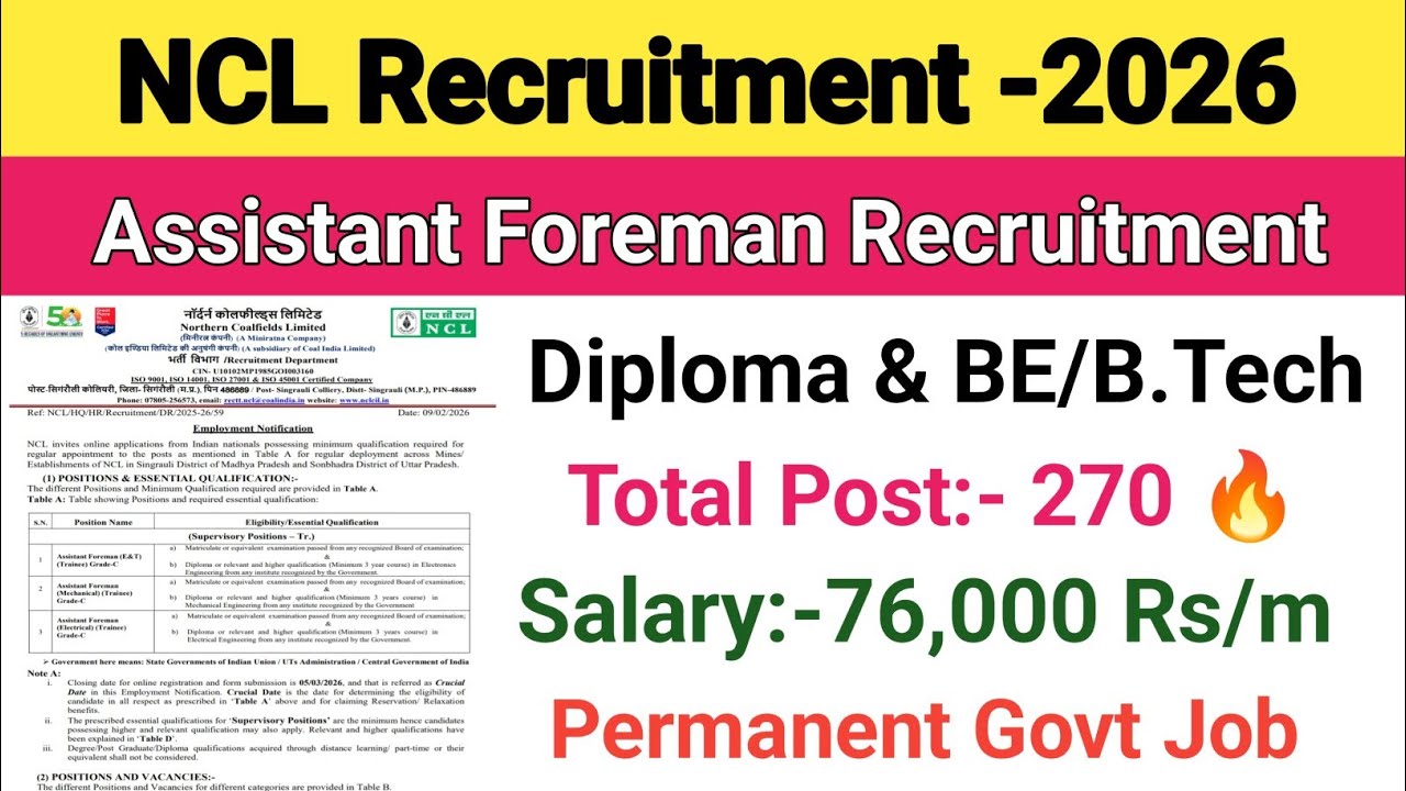 NCL Recruitment 2026||Assistant Foreman Vacancy 2026||Diploma & BE/B.Tech||NCL Vacancy 2026