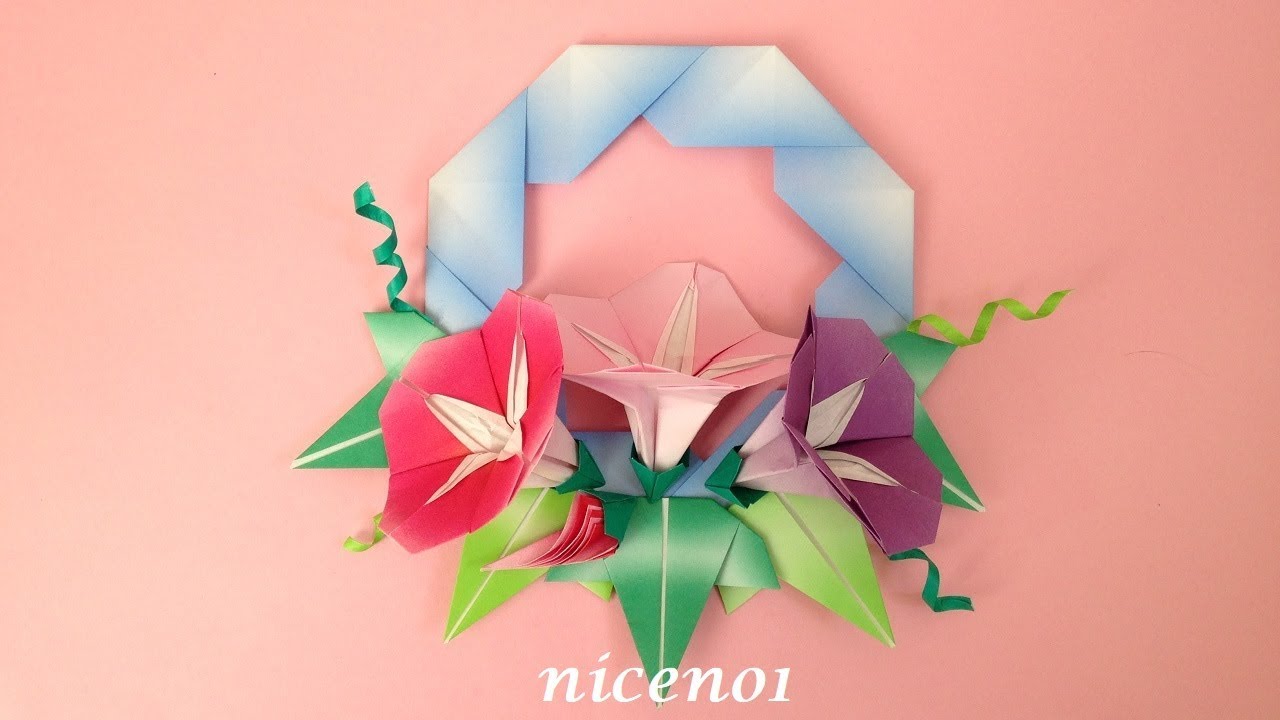 折り紙 あさがおの花のリース 作り方 Origami Morning glory flower wreath tutorial（niceno1）