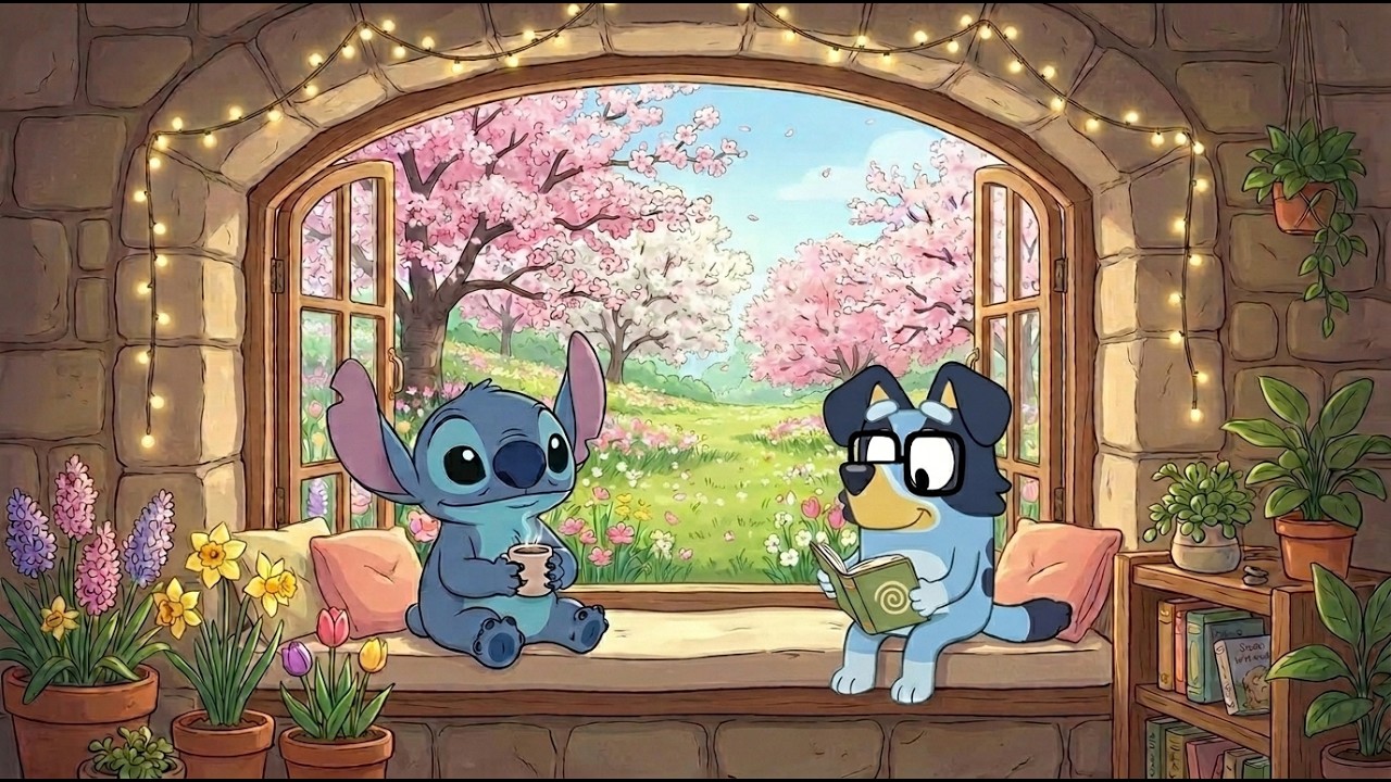 Stitch & Bluey Springtime Reading Corner 🌷 Classroom Lofi Groove for Focus & Study 📖 Peaceful Garden