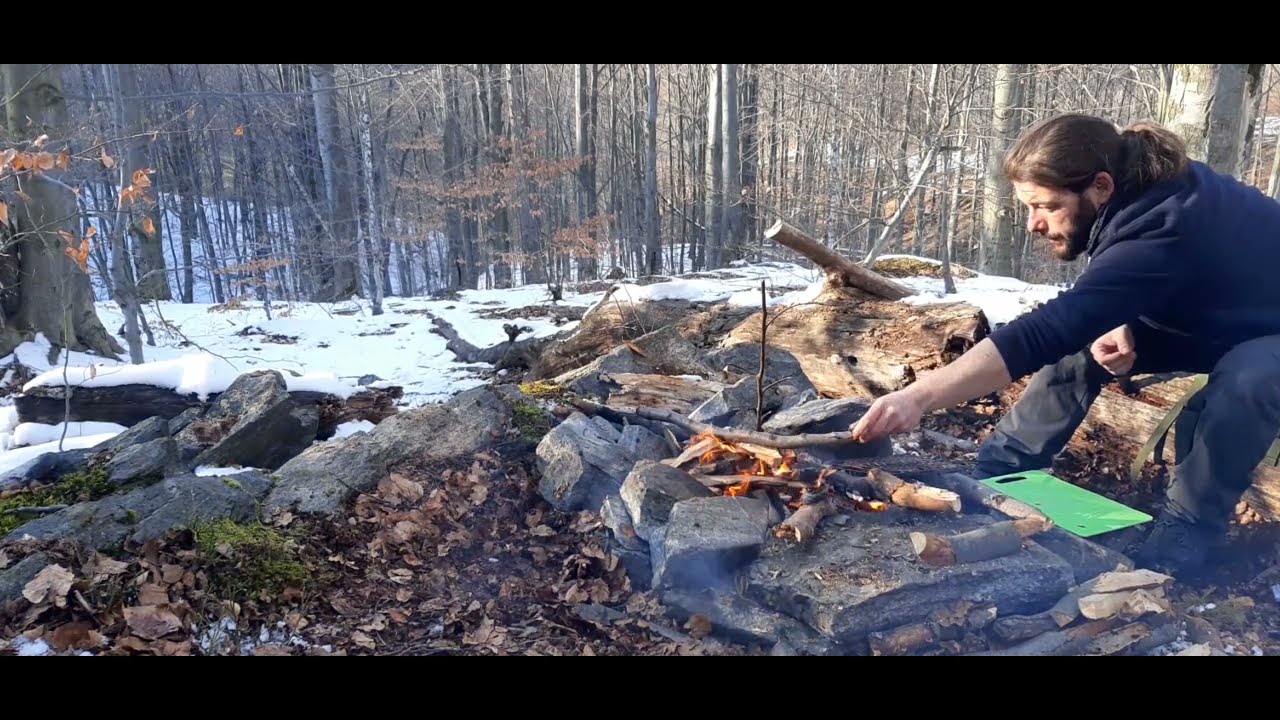 Winter day hike with my dog cooking forest burgers on a campfire