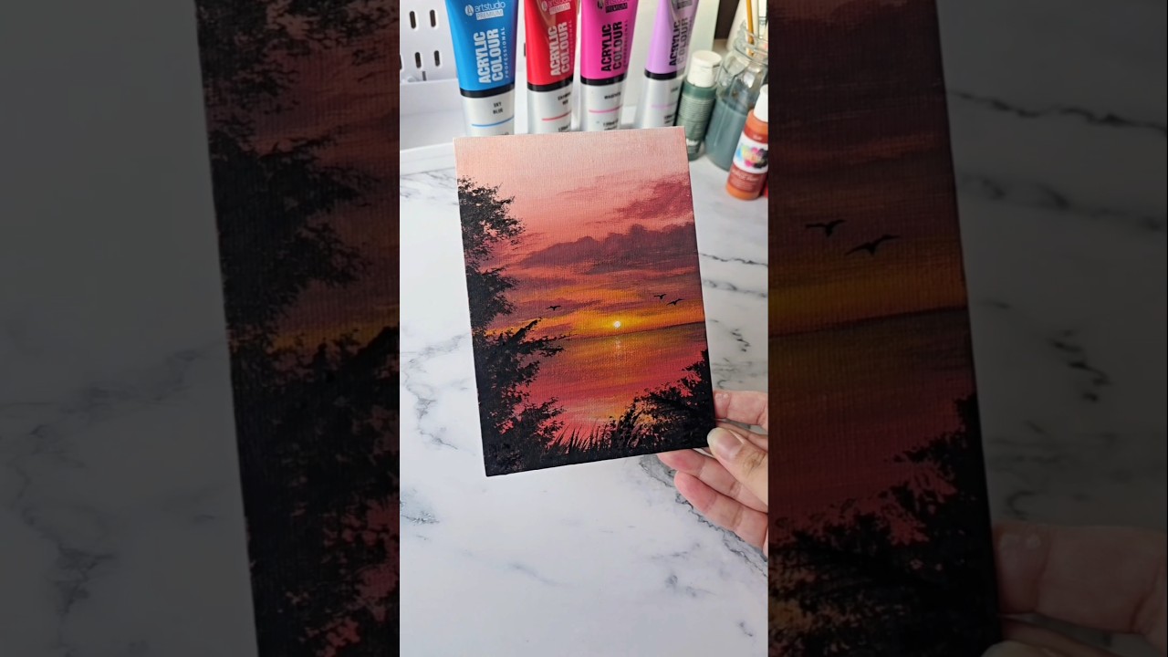 Easy way to paint a sunset / acrylic painting on canvas board / painting ideas for beginners