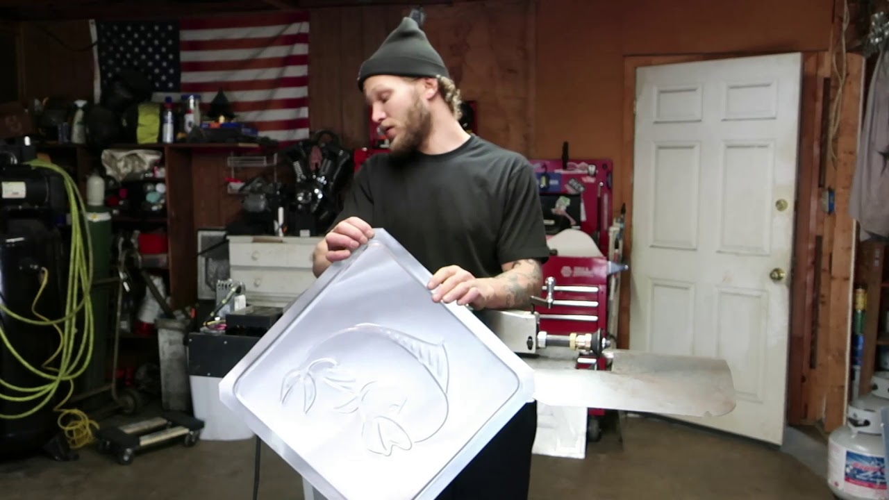 Bead rolling a "Mean Mahi" sign and over view of Mittler Bros bead roller and Jamey Jordan dies