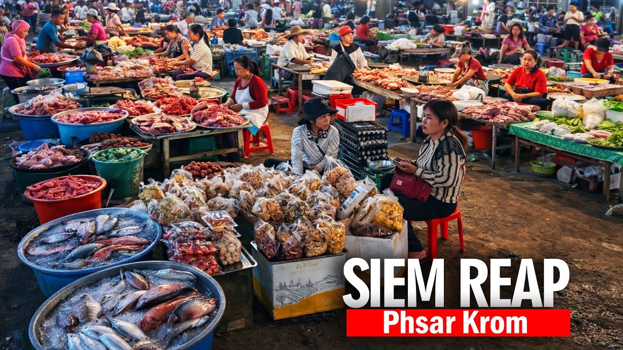 Real Local Market Life 🇰🇭  Psar Krom Walking Tour, Siem Reap