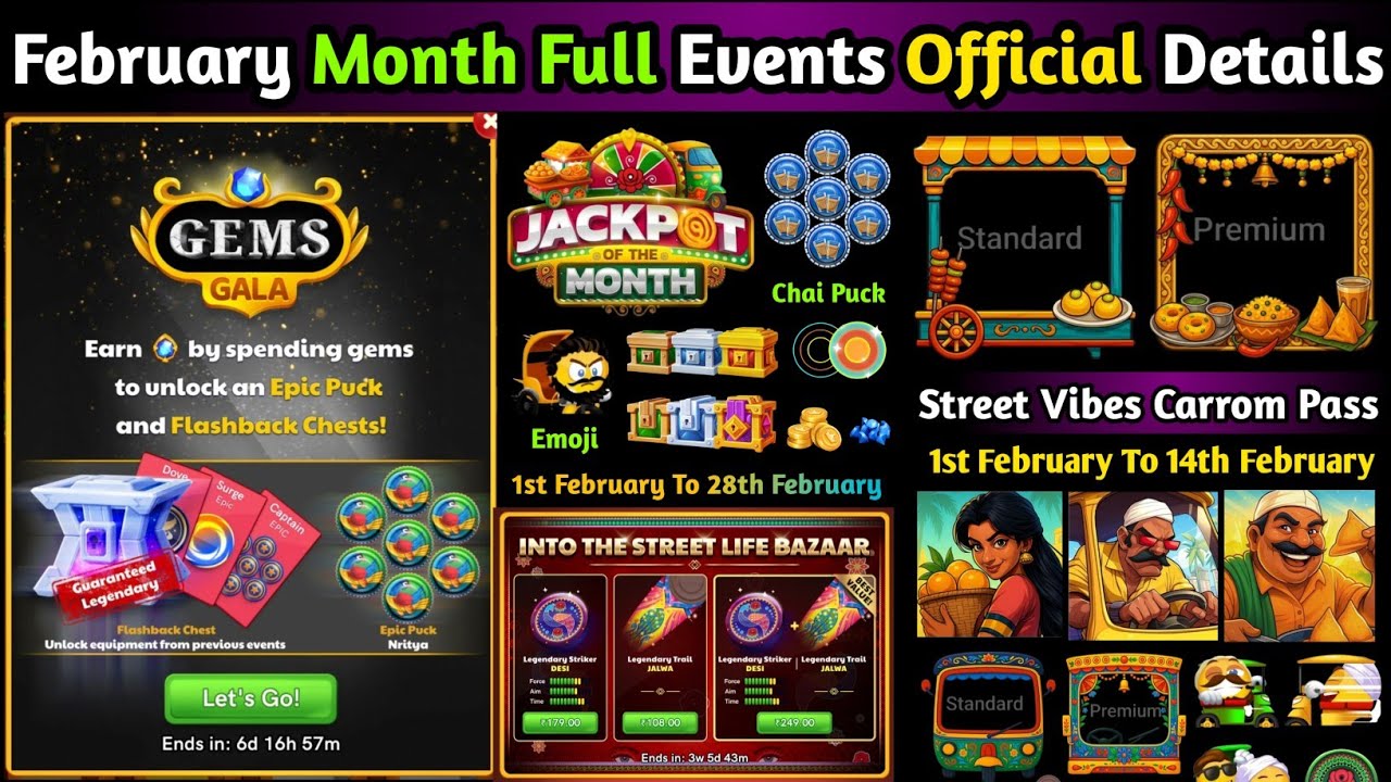 February Month Full Events Official Details🔥||Street New Theme🔥||Prize Shop Free🔥||#CarromPool🔥