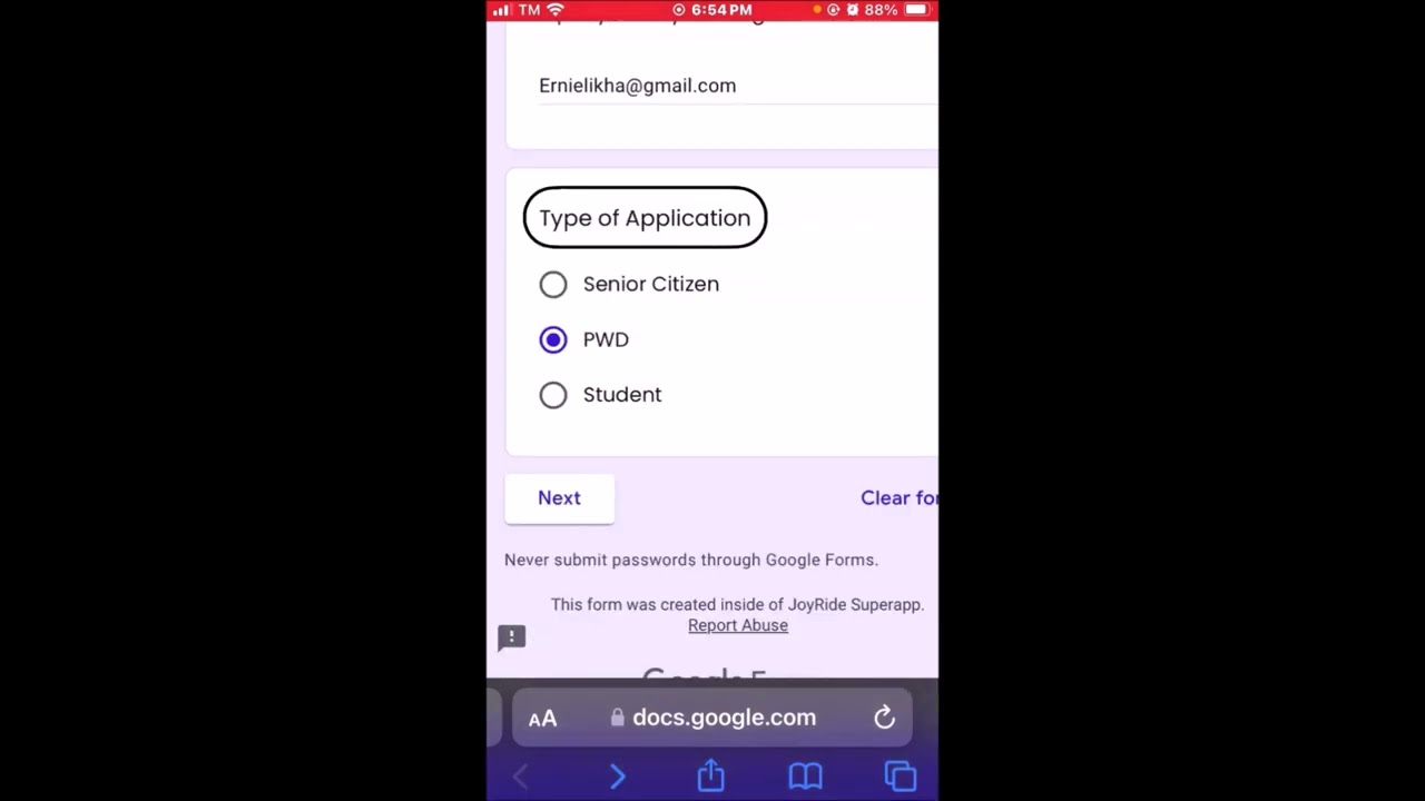 Joyride Discount application for Senior citizens, Persons with disability and students