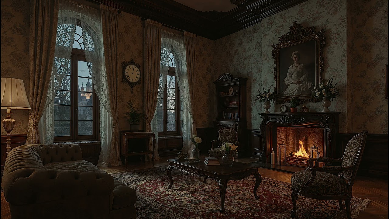 Cozy Rainy Antique Living Room 🌧️ | Rain , Fireplace Sounds + Relaxing Music