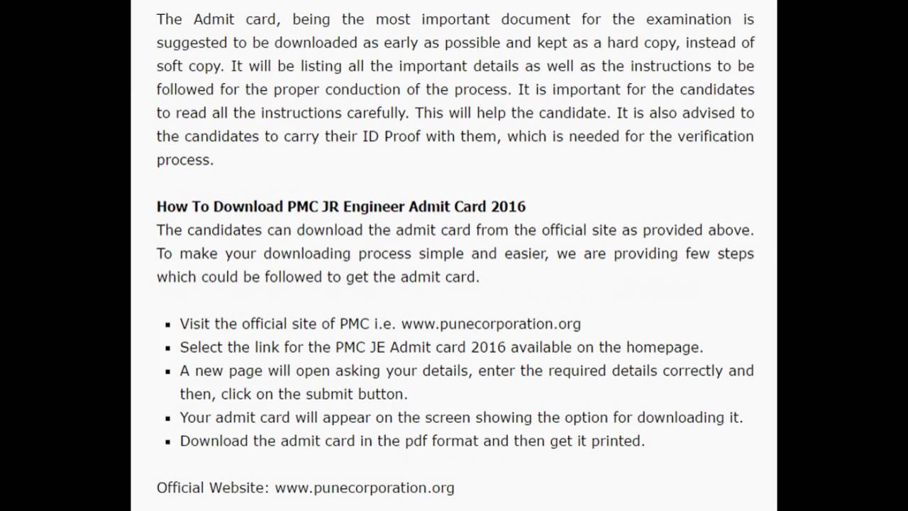 PMC Admit Card 2016  | Download Hall Ticket for PMC JE Exam | RedPearl