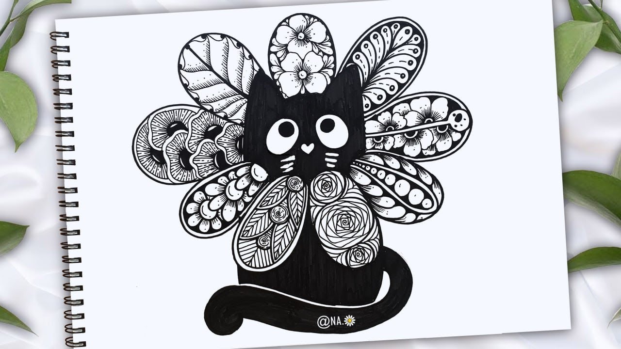 🌼How To Draw Cute Cat With Flower Zentangle Art🌼