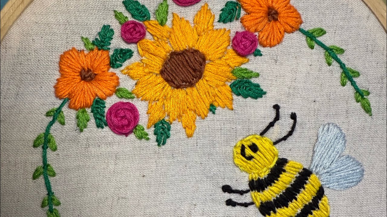 How To Make a Floral Embroidery With Bumblebee🐝🌼
