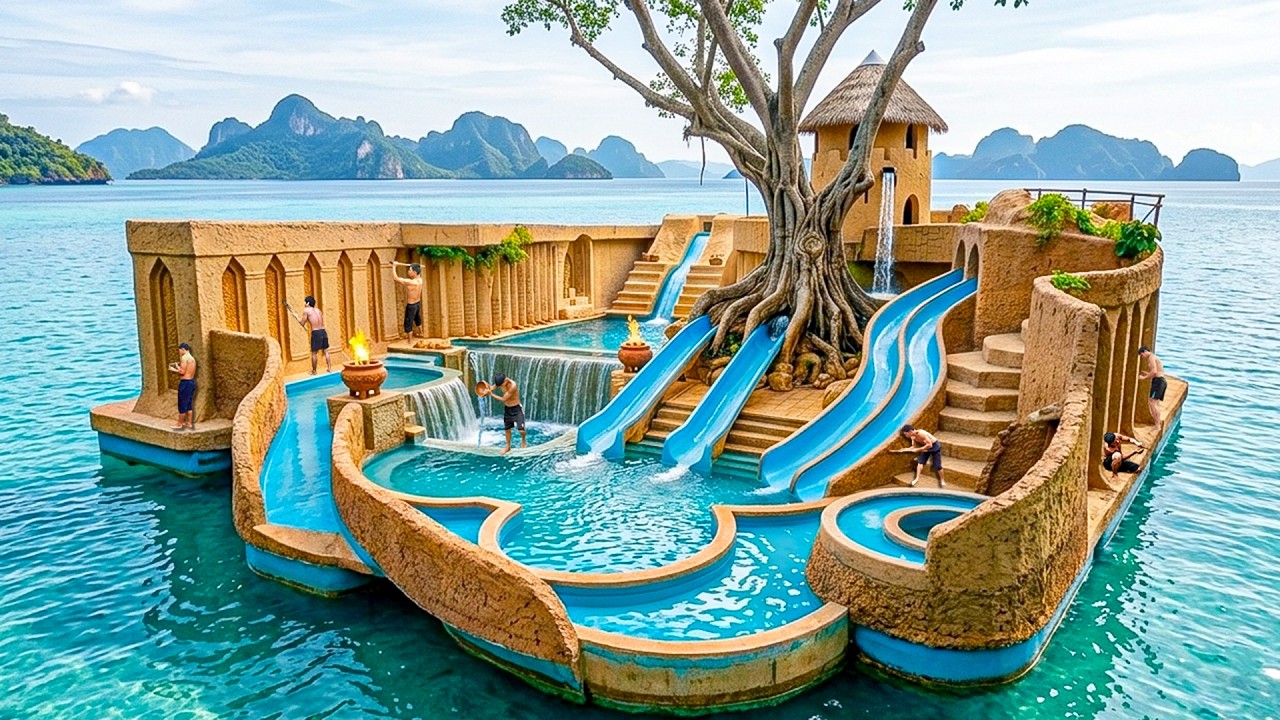 260 Days Building an Overwater Sandcastle Resort with Waterfall-Connected Pools Using Primitive Tool