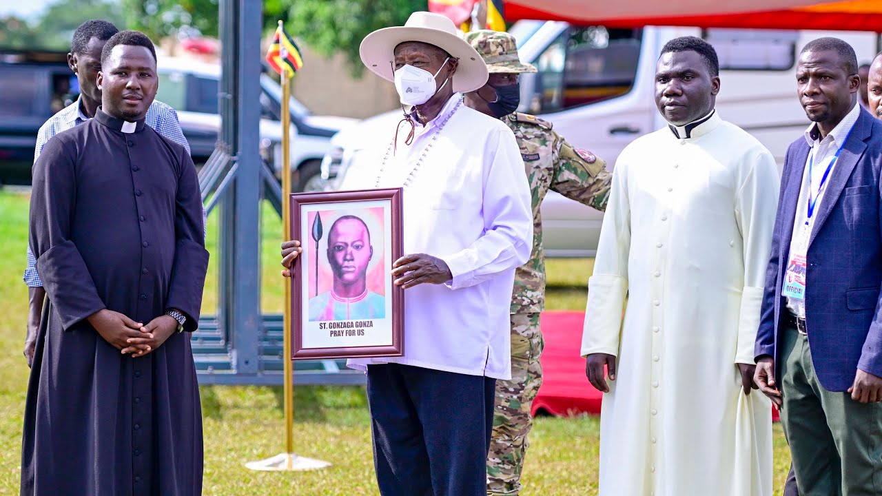 Museveni, wearing a Rosary, graces St. Gonzaga Goza Day celebrations at Bugoza Shrine, Kaliro.