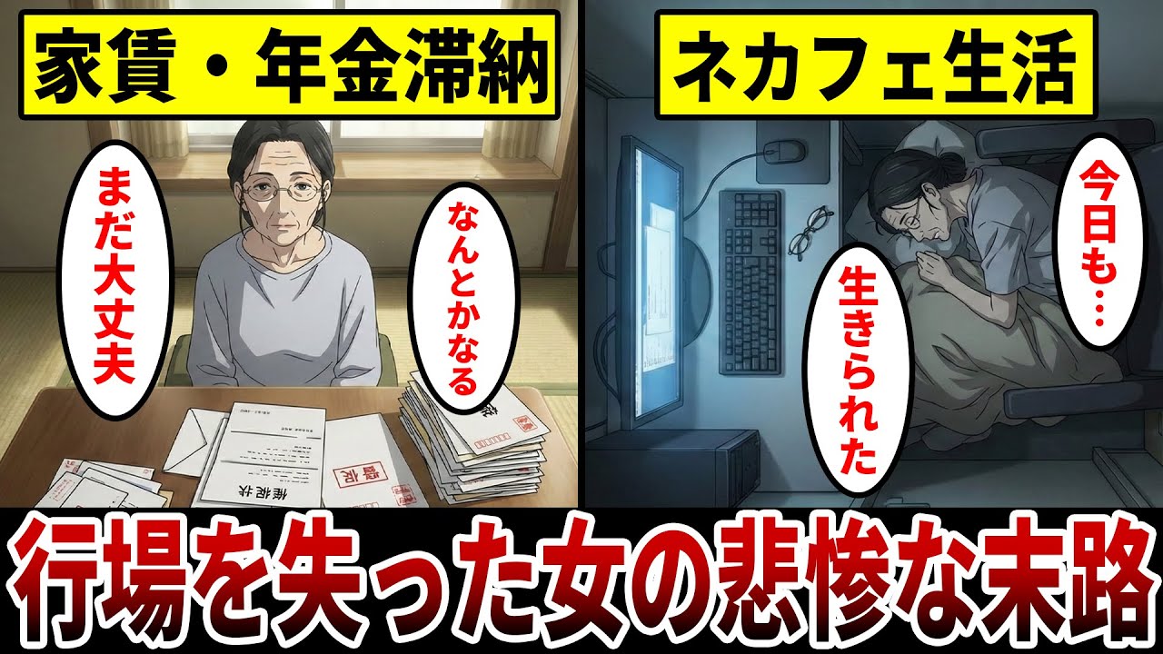 【漫画】ホームレス同然の悲惨な独身生活『家賃滞納でネットカフェ暮らし』58歳女性の残酷すぎる老後崩壊の現実。