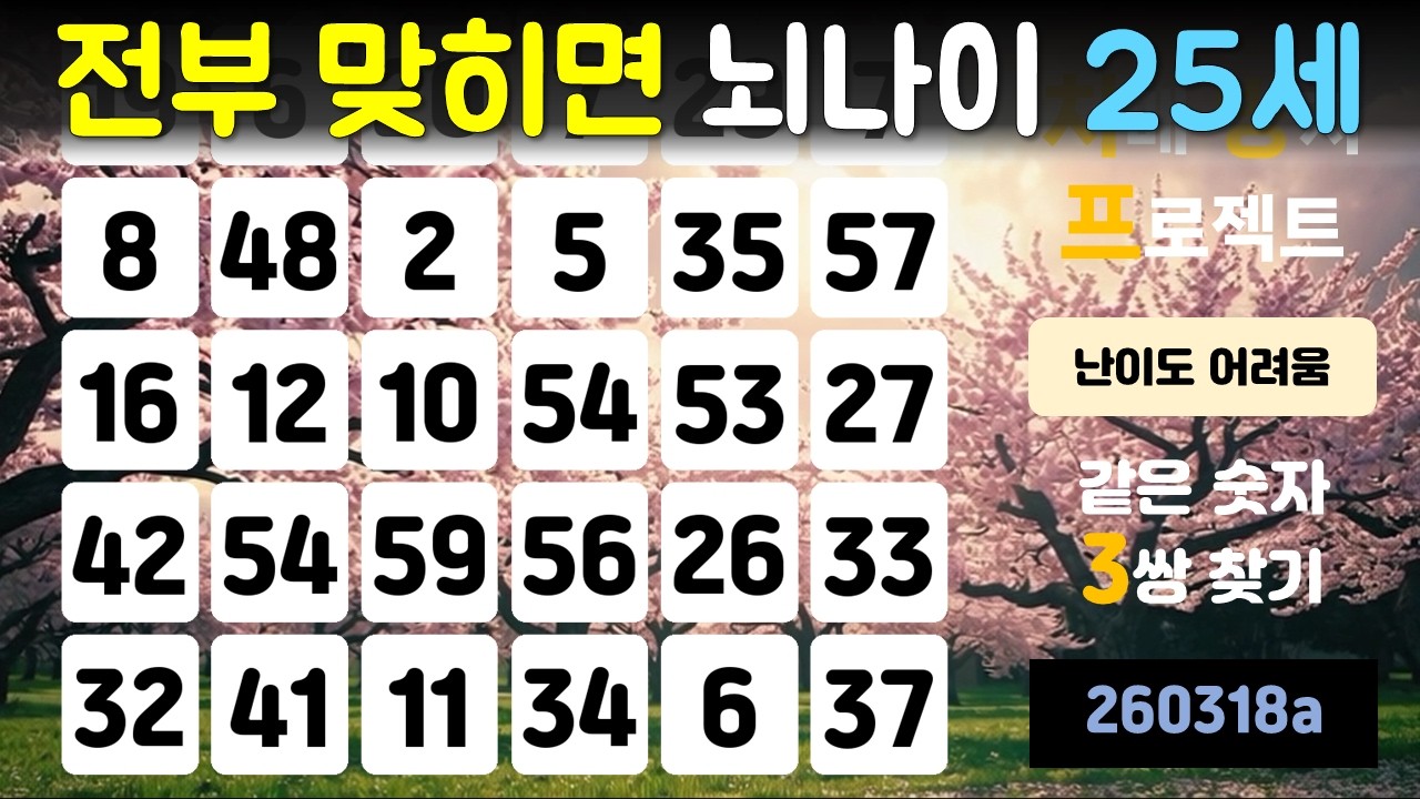 전부 맞히면 뇌나이 25세(치매 방지 프로젝트, 같은 숫자 찾기, 두뇌운동, 치매 예방, 뇌건강, 기억력 향상, 건강한 노후)