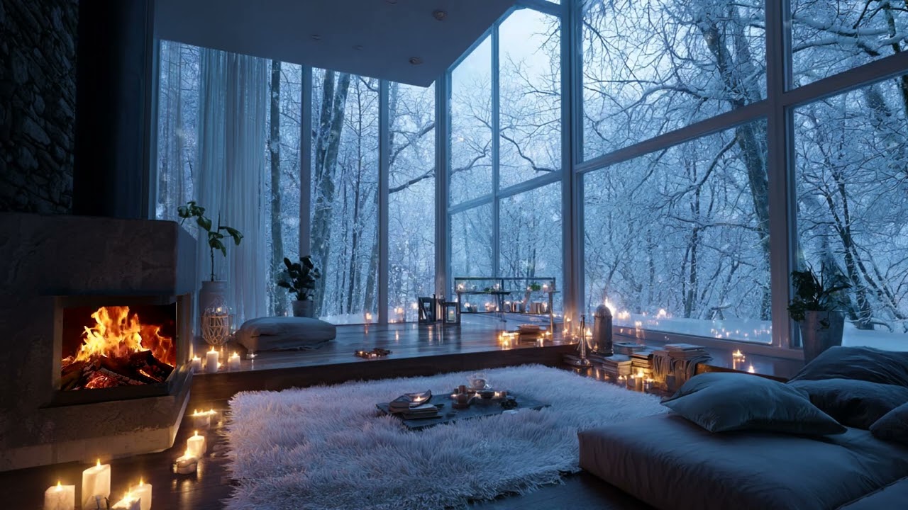 Soul-Soothing Winter Ambience with Snow Wind Beyond the Window and Fireplace Crackling