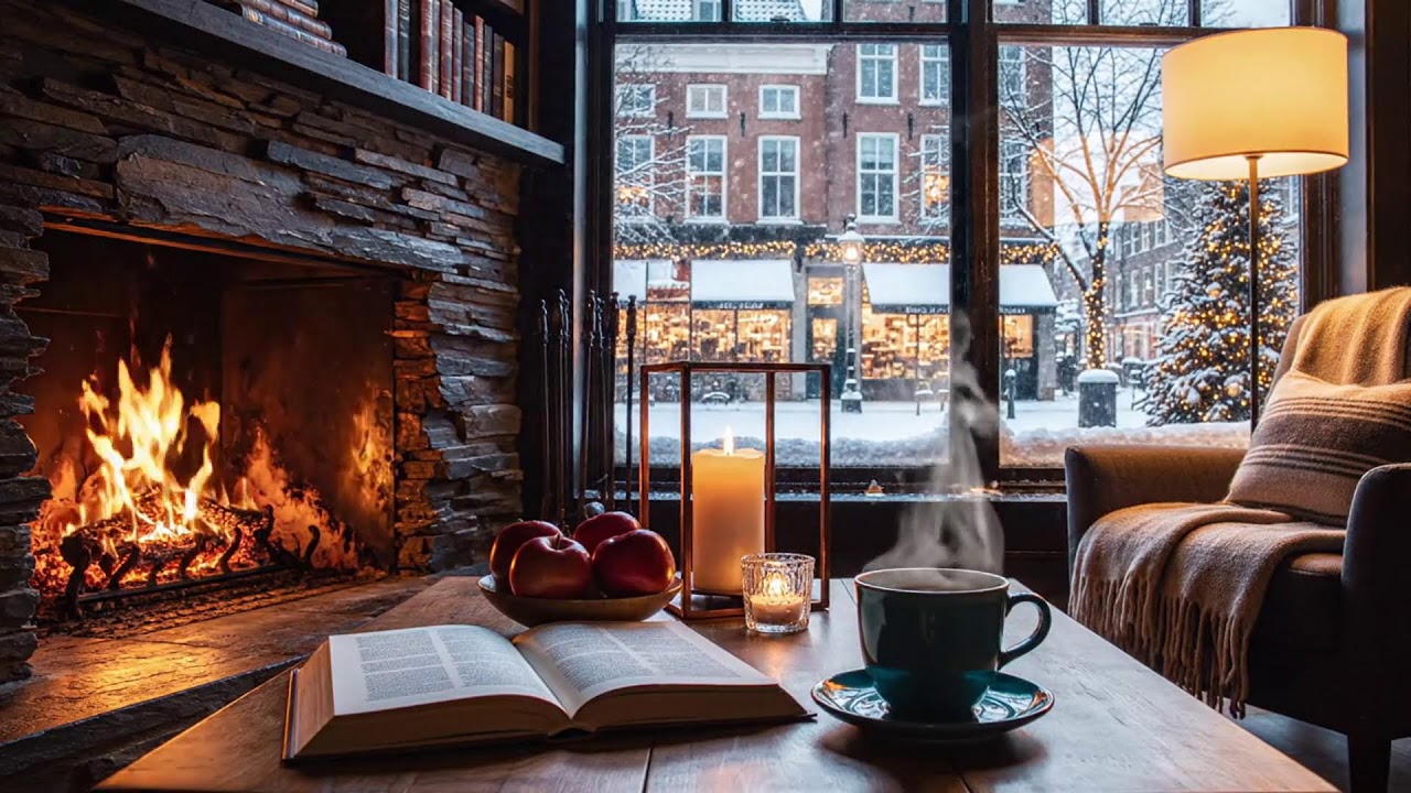 Winter Night Café Sounds ☕ Soft Jazz & Fireplace for Calm Productivity