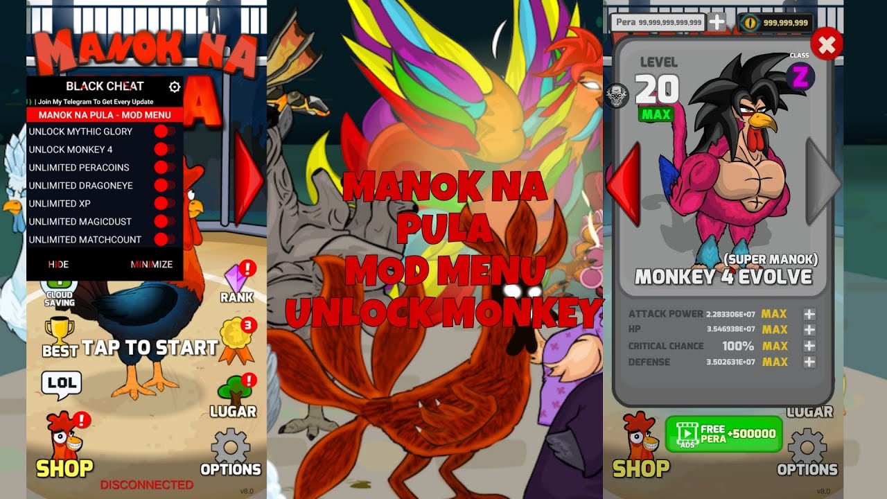 Monkey]: Manok Na Pula Mod Menu Update Version 8.0 Unlimited Money Eyes,Max,Level, No Ads, monkey
