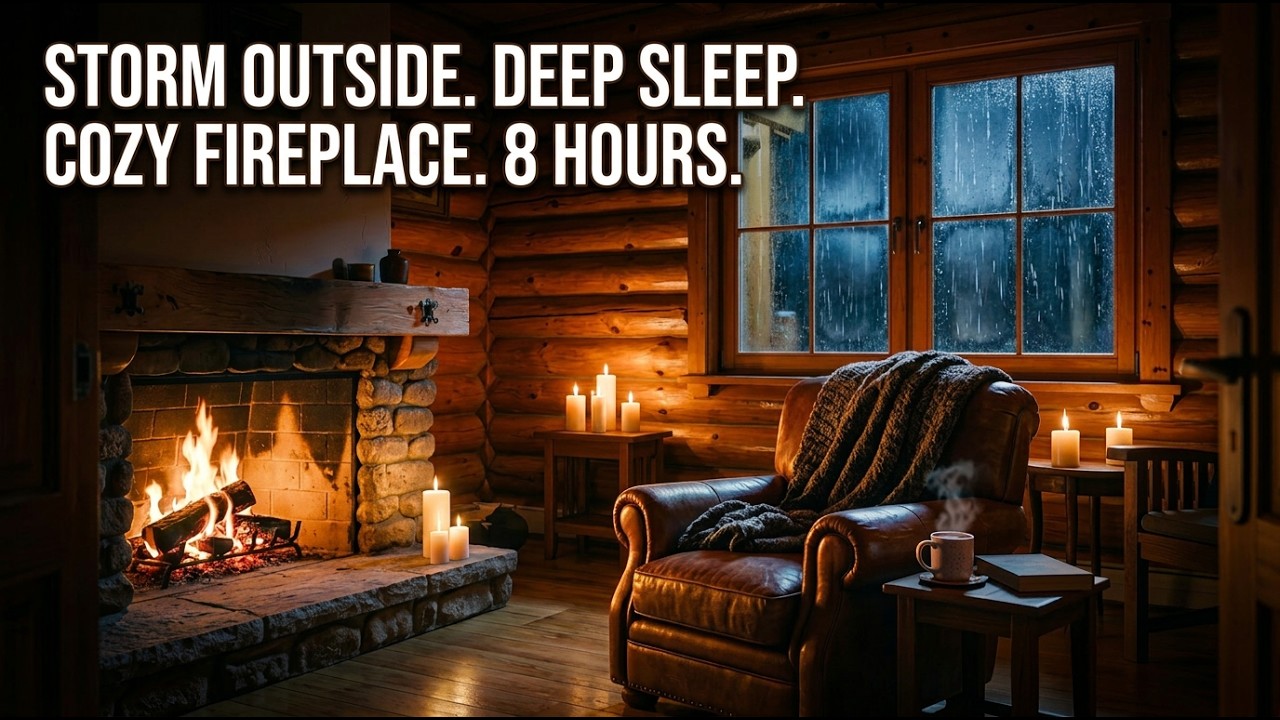 LoFi Sleep Soundly in a Rainy Cabin | Fireplace Crackles & Soft Rain for 8 Hours