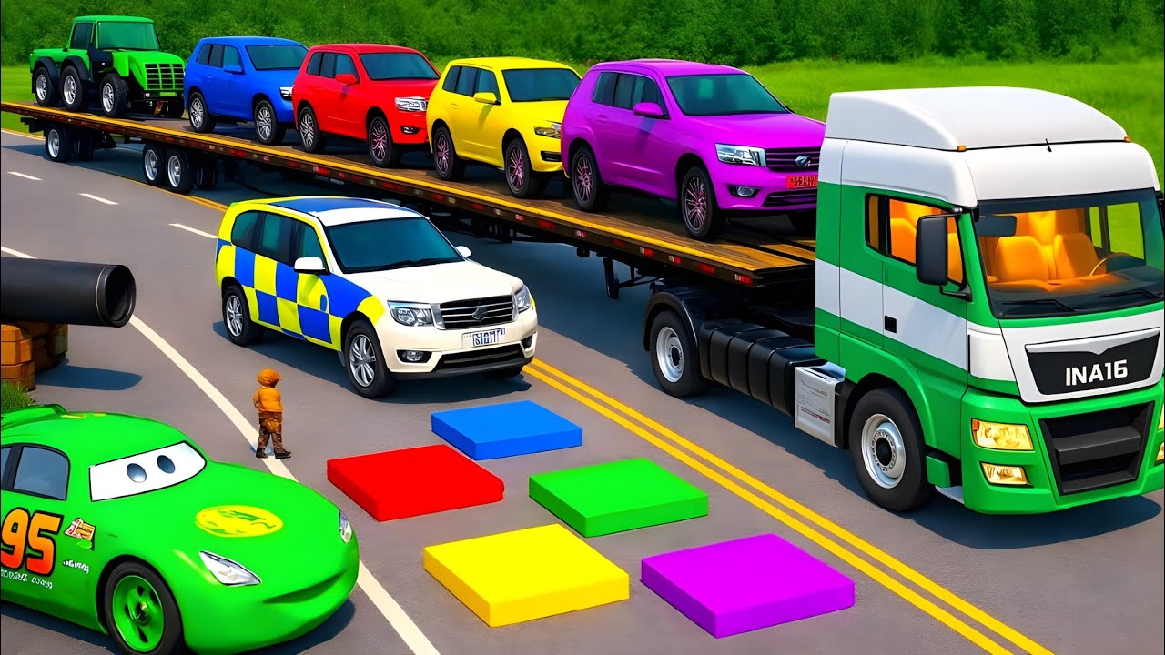 Double Flatbed Truck  / Big & Small / MCQUEEN vs 12Car #136 / BeamNG Gao Drive