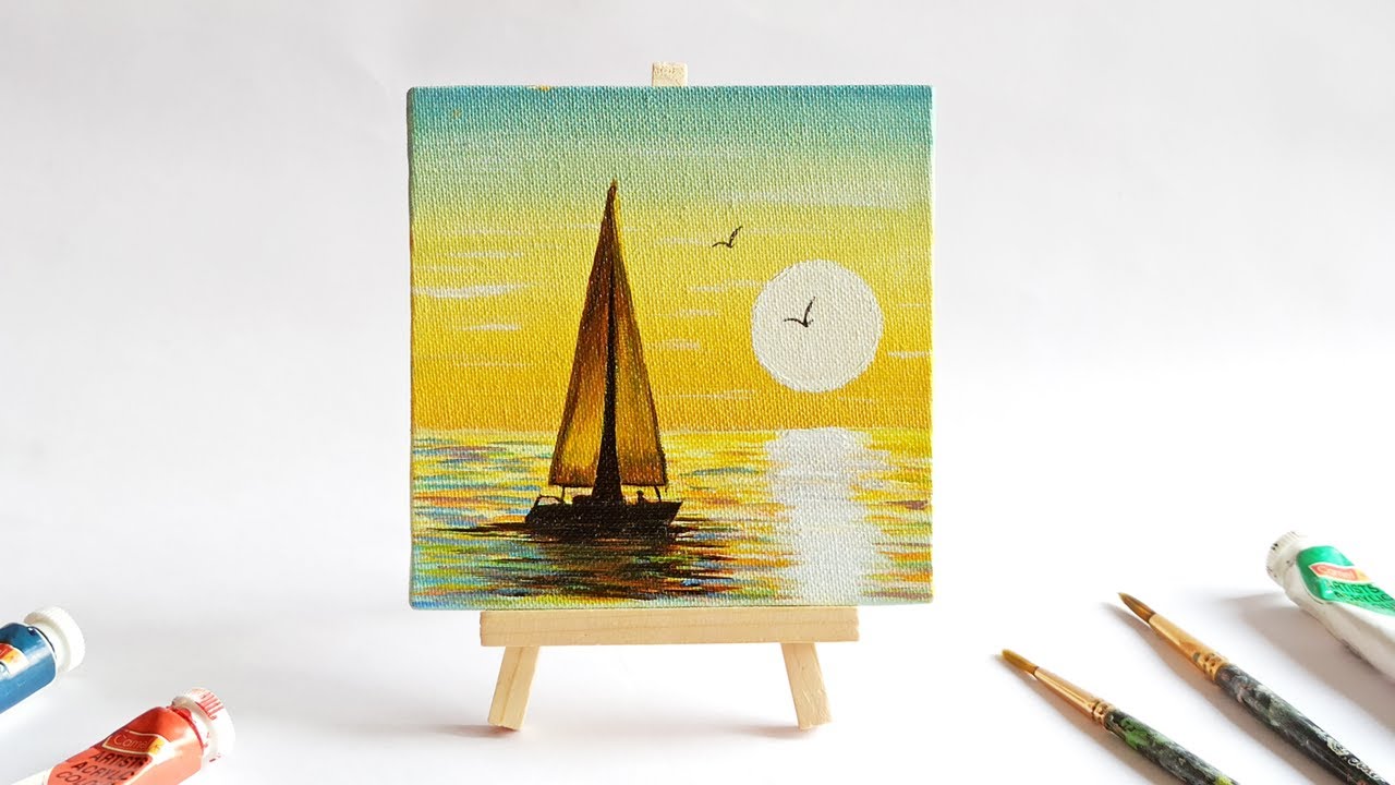 Sailboat Sunset Seascape Acrylic Painting For Beginners | Mini Canvas Painting For Beginners