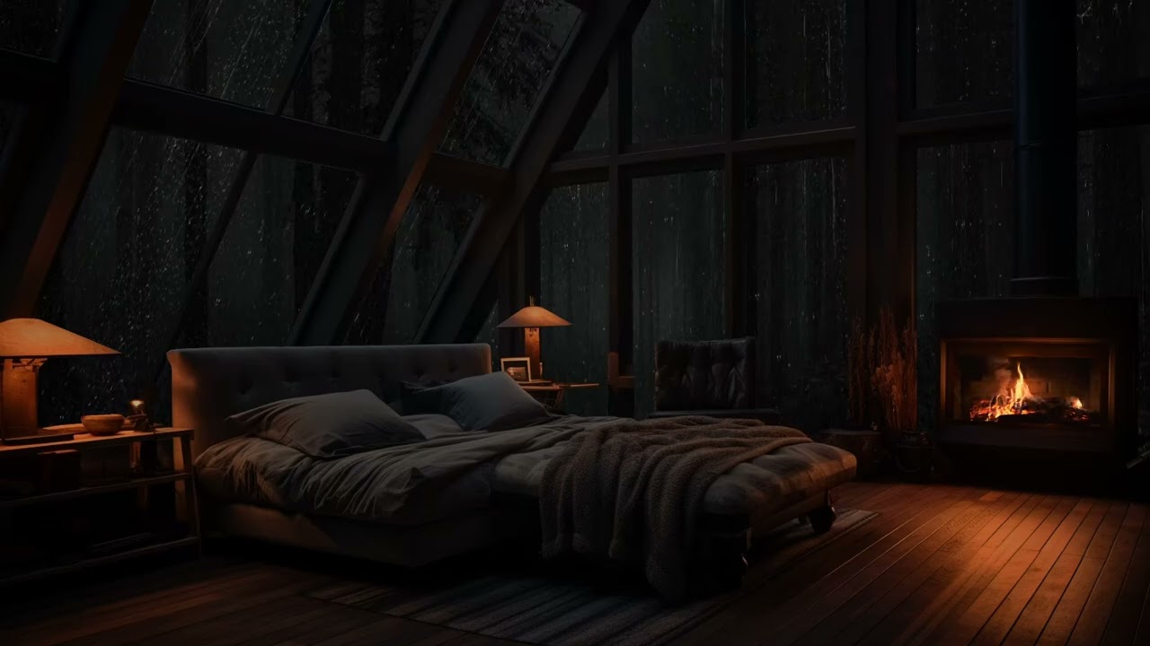 Inside a quiet forest cabin while soft rain slowly covers the woods outside