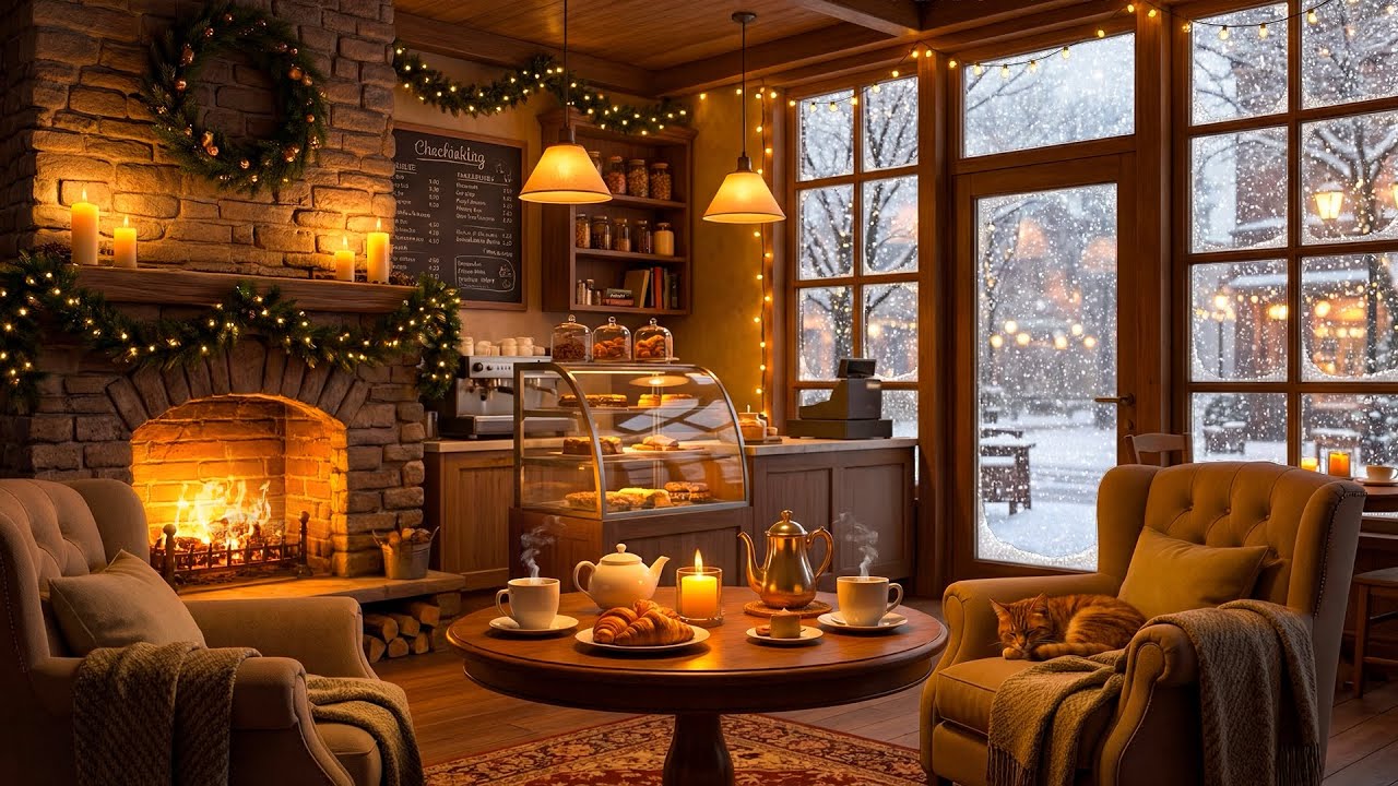 Jazz Relaxing Coffee Shop in Snow Winter Ambience ☕Smooth Jazz Instrumental Music for Working, Relax