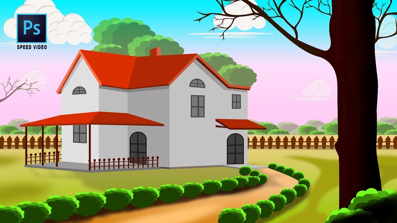 Photoshop Work. House inside green field landscape Drawing.