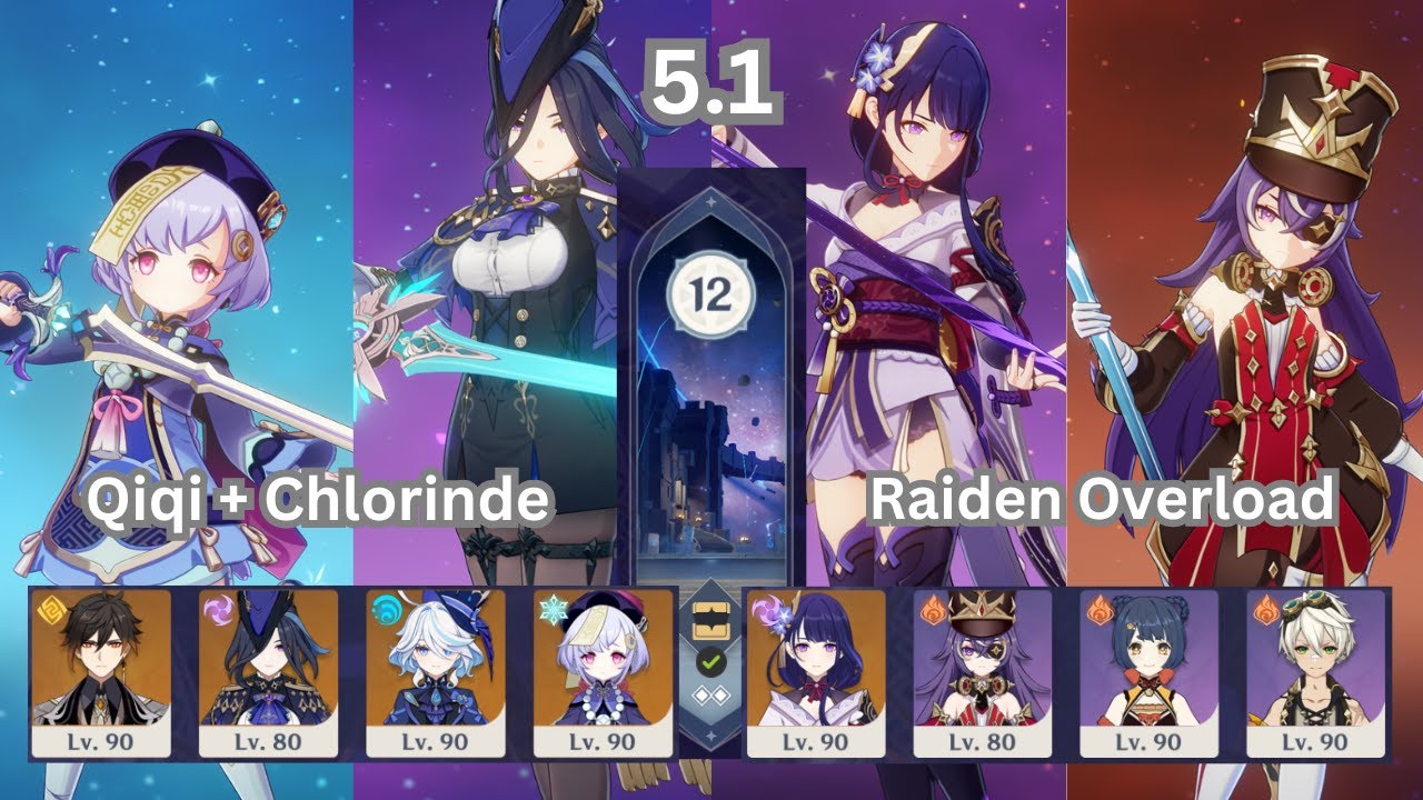 Chlorinde + Qiqi & Raiden Overload | 5.1 Spiral Abyss Genshin Impact | Continuous Run