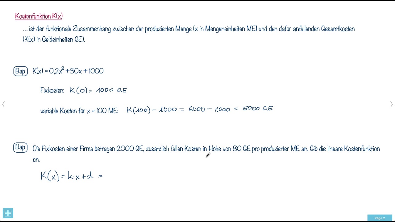 Anwendung Differentialrechnung - Kostenfunktion