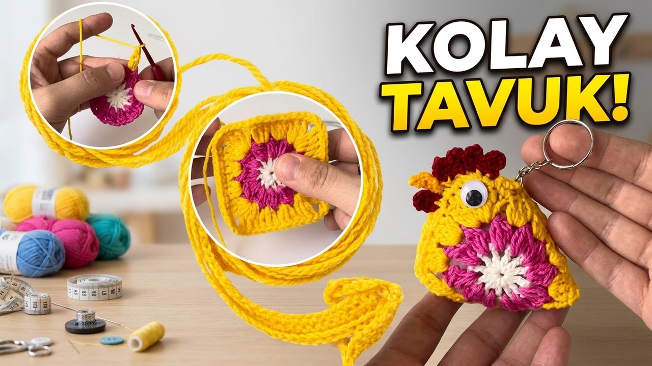 Kolay Kare Motiften Tavuk Anahtarlık Yapımı 🐔 Crochet Granny Square Chicken Keychain #crochet #örgü