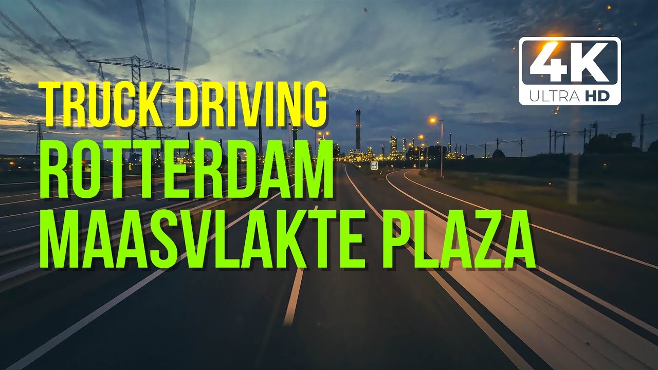 Truck Driving, Cabin View. Late Sunset Driving to Maasvlakte Plaza Truck Parking