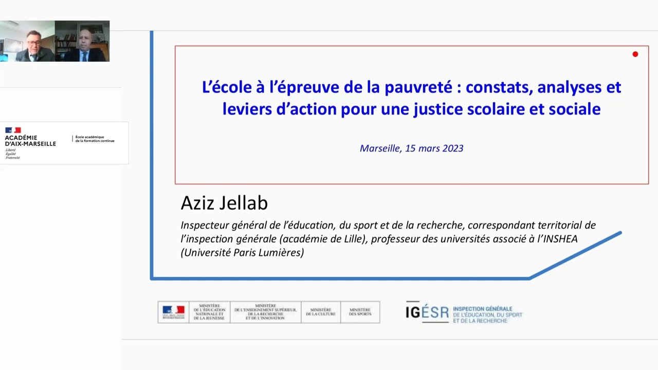 Conf&eacute;rence de M. Aziz Jellab &laquo; L&rsquo;&eacute;cole &agrave; l&rsquo;&eacute;preuve de la pauvret&eacute; &raquo;