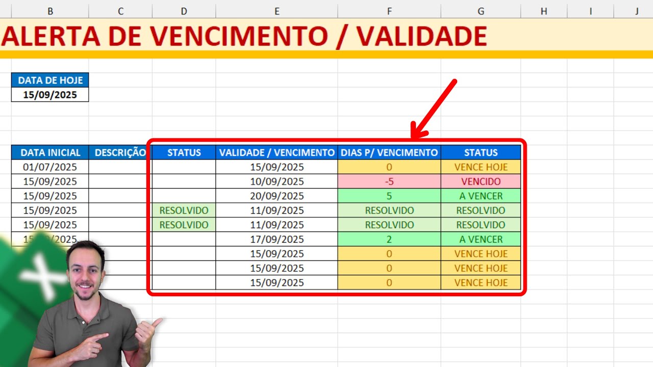 Planilha de Alerta de Vencimento e Validade no Excel com Status Colorido autom&aacute;tico