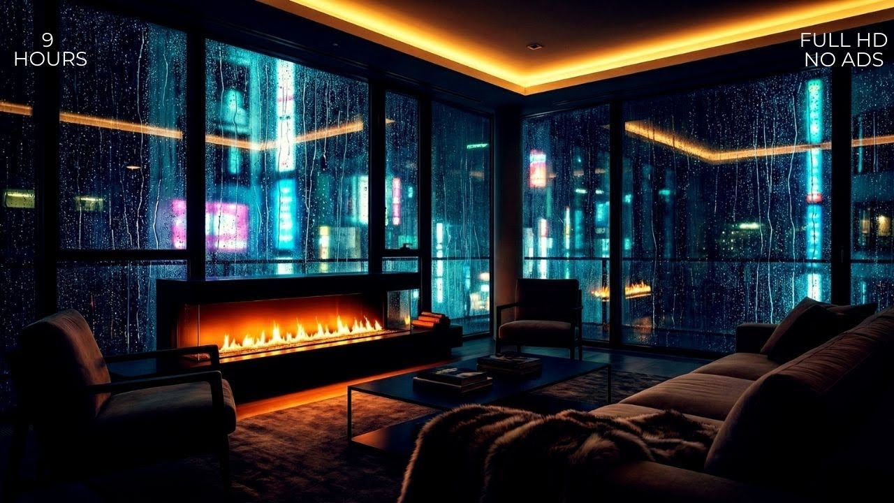 9 Hours Heavy Rain & Fireplace Sounds in Luxury Penthouse | Sleep, Study, Relax