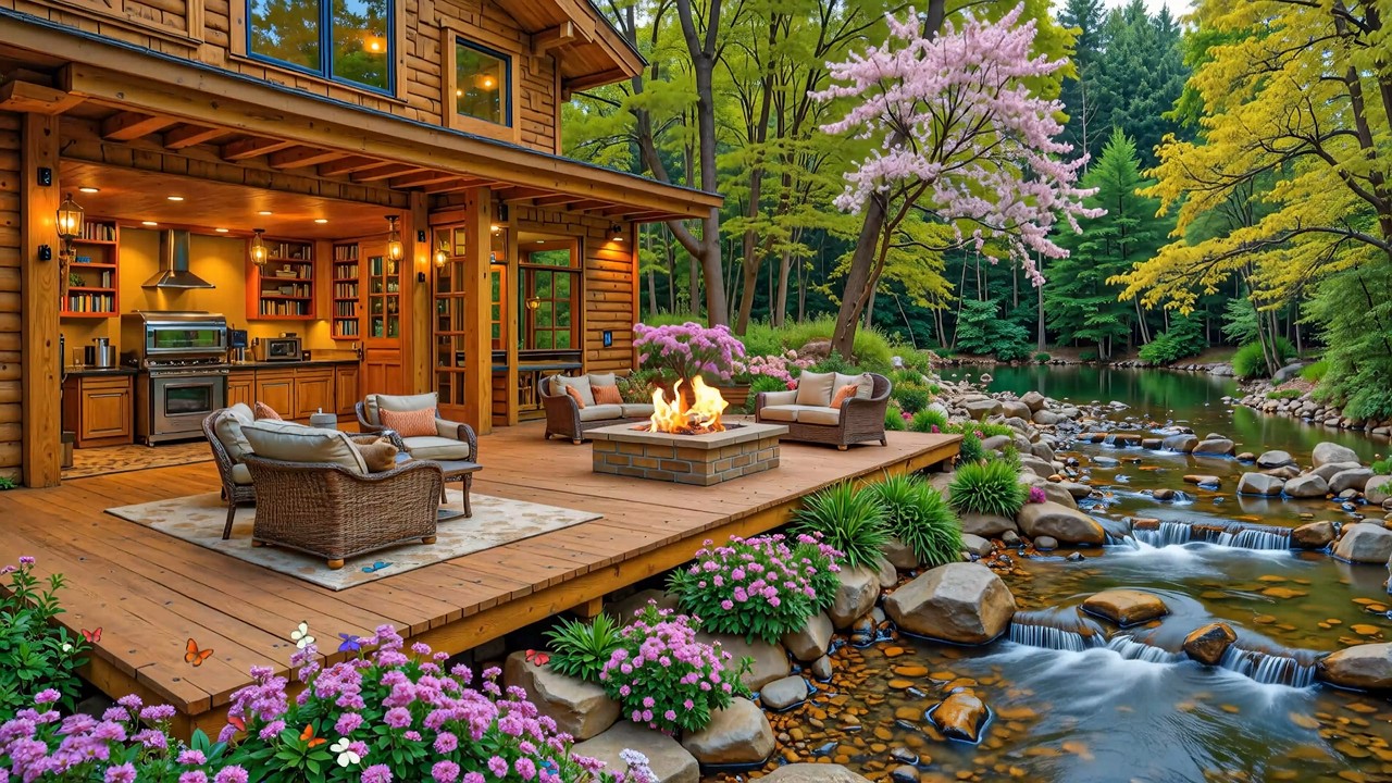 Calming Riverside Cabin Porch in Spring Forest 🌿🔥 Campfire Ambience, Gentle Water Sounds & Birdsong